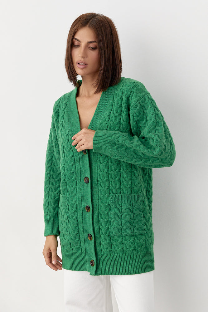 100% Merino Wool Oversized Cable Knit Cardigan with Pockets, Green