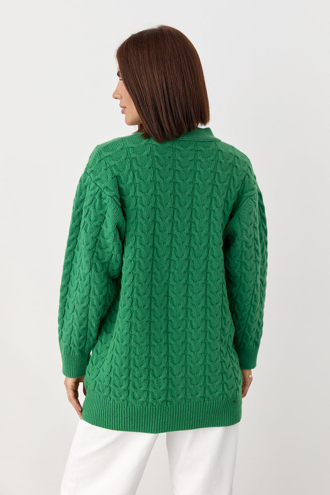 100% Merino Wool Oversized Cable Knit Cardigan with Pockets, Green