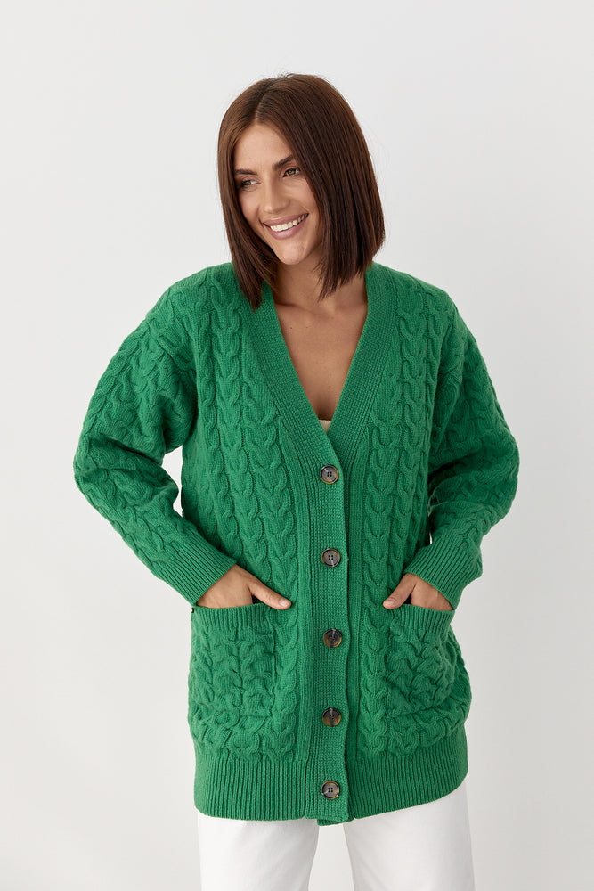 100% Merino Wool Oversized Cable Knit Cardigan with Pockets, Green