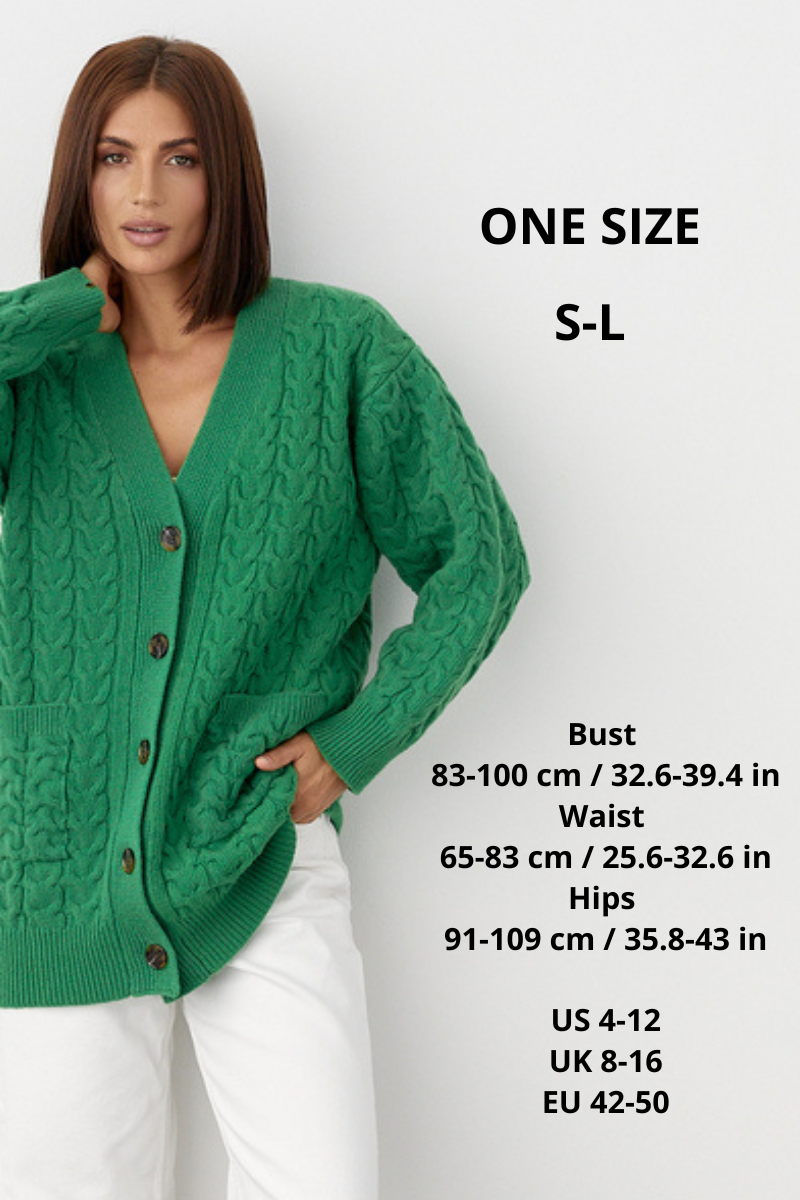 100% Merino Wool Oversized Cable Knit Cardigan with Pockets, Green