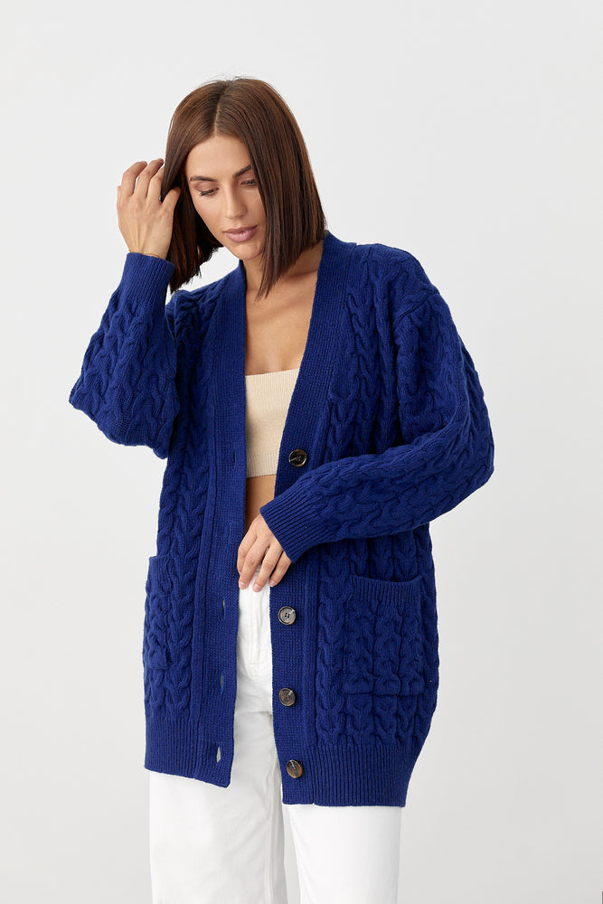 100% Merino Wool Oversized Cable Knit Cardigan with Pockets, Royal Blue