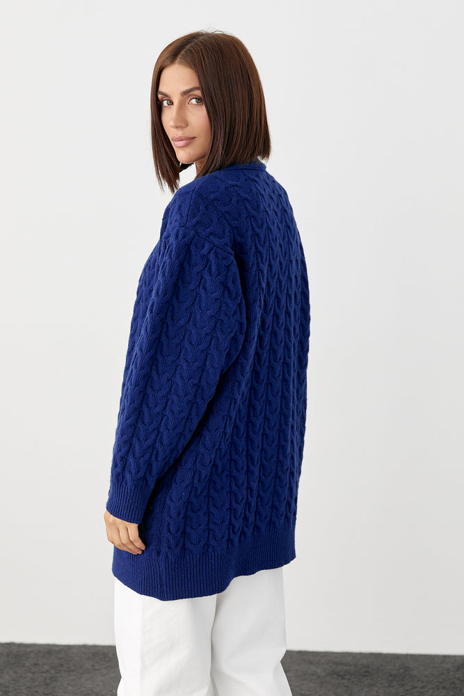 100% Merino Wool Oversized Cable Knit Cardigan with Pockets, Royal Blue