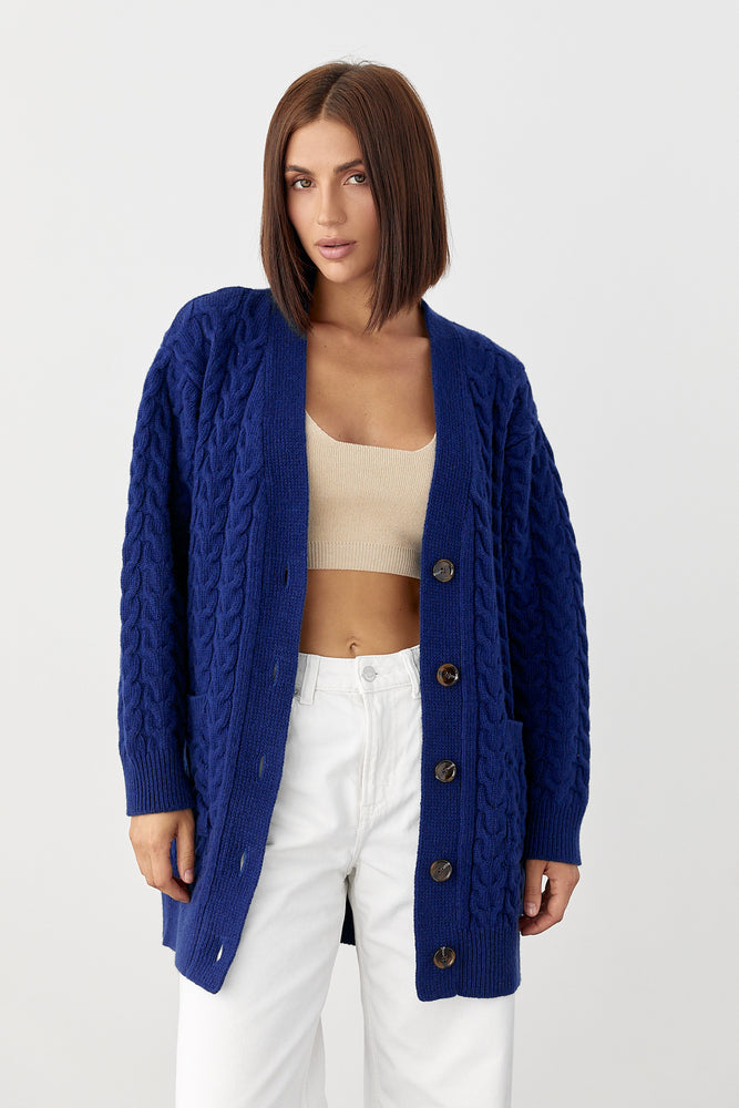 100% Merino Wool Oversized Cable Knit Cardigan with Pockets, Royal Blue