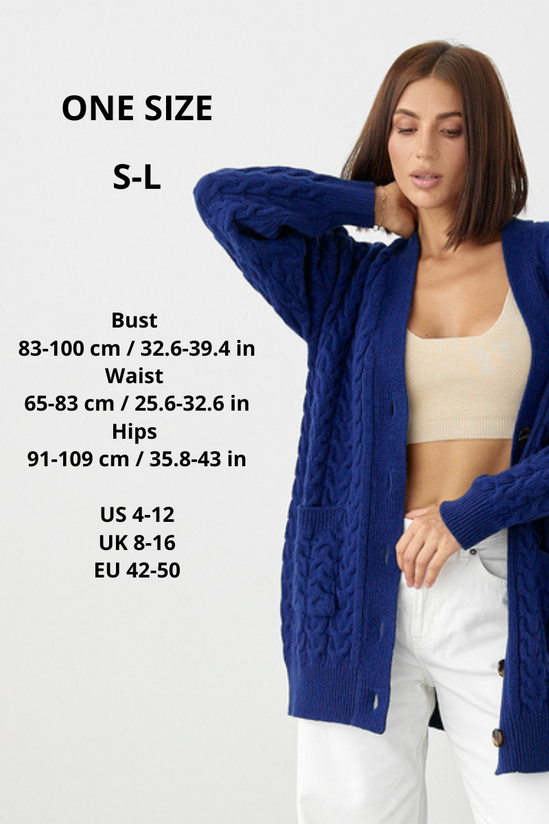100% Merino Wool Oversized Cable Knit Cardigan with Pockets, Royal Blue
