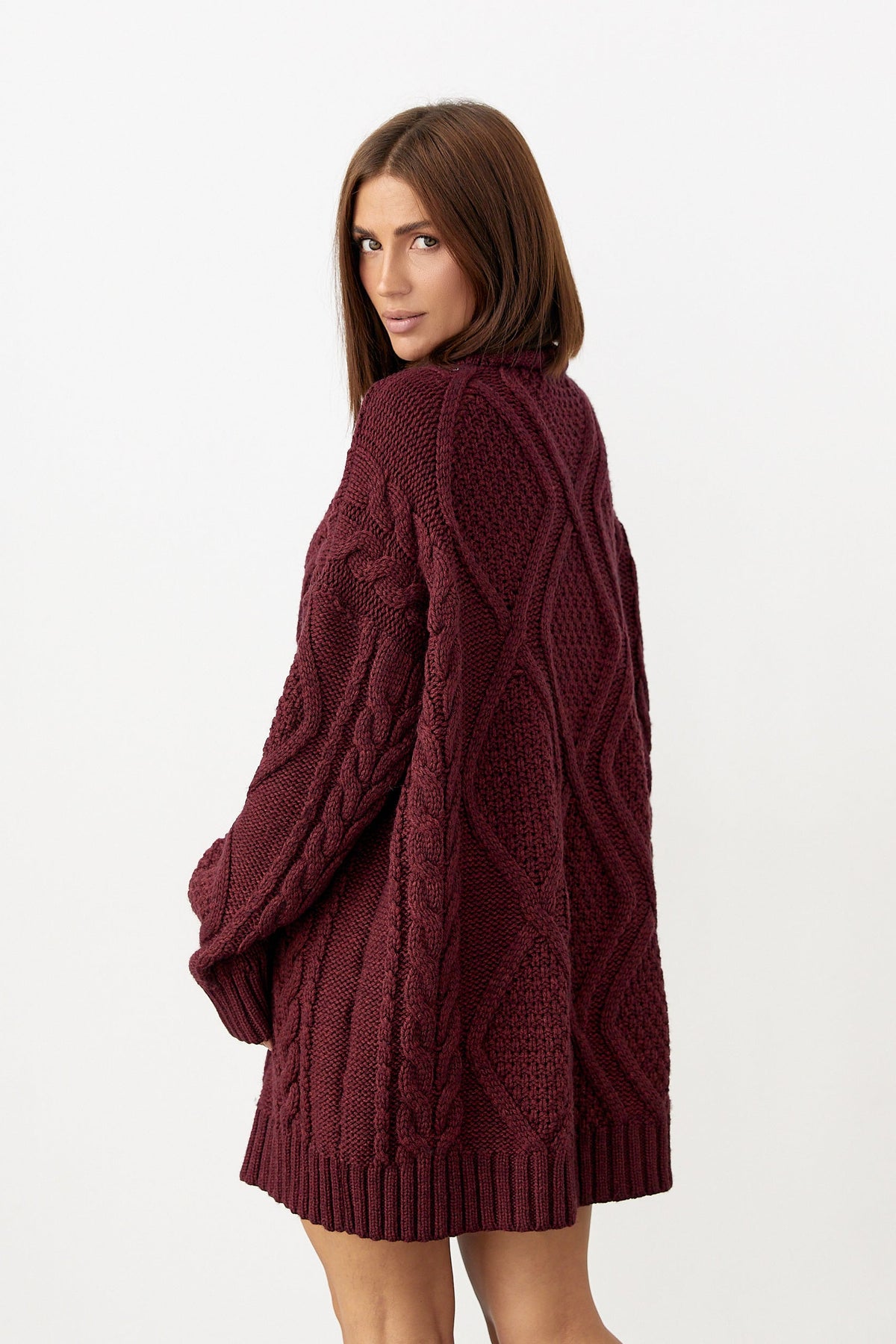 Oversized Wool Cable Knit Turtleneck Sweater, Burgundy Red