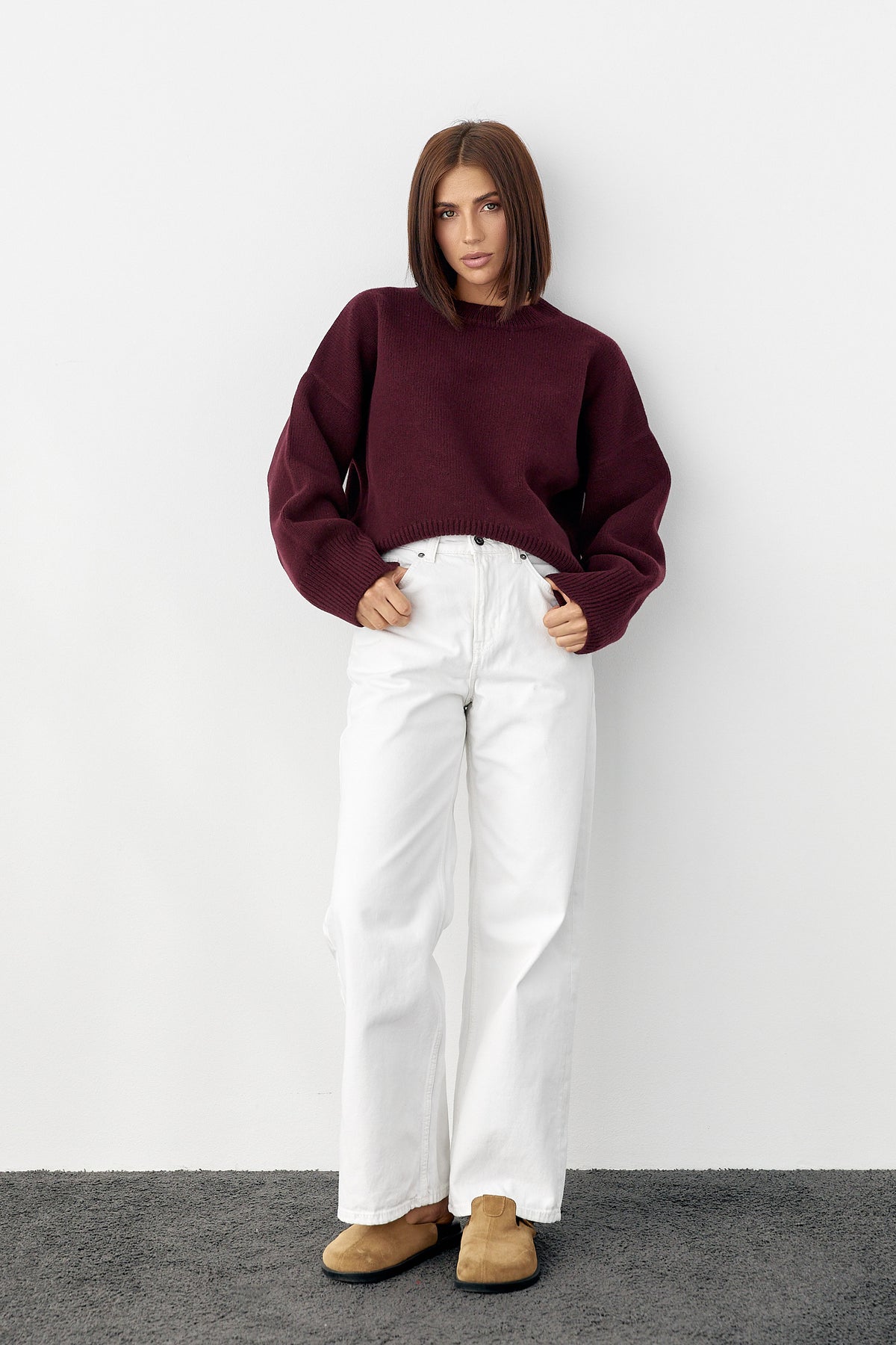 Cashmere Merino Wool Oversized Crewneck Sweater, Burgundy Red