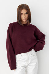 Cashmere Merino Wool Oversized Crewneck Sweater, Burgundy Red