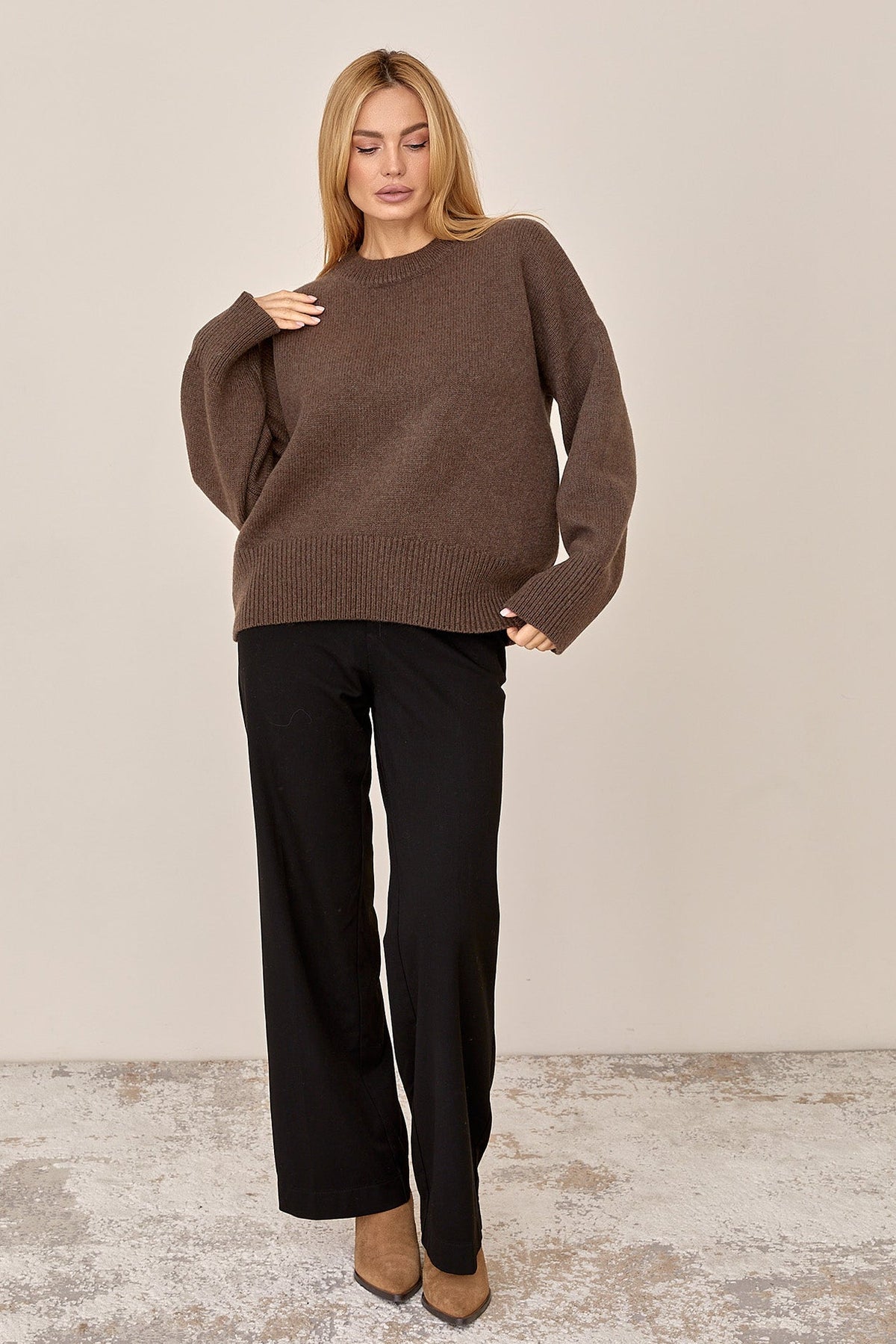 Cashmere Merino Wool Oversized Crewneck Sweater, Chestnut Brown