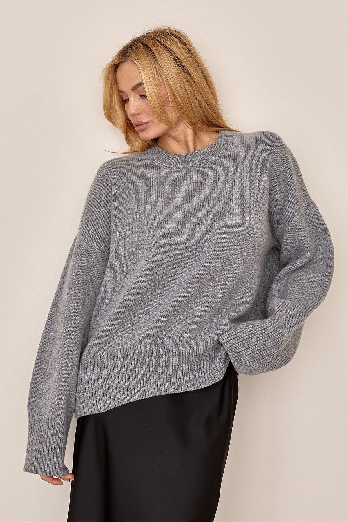 Cashmere Merino Wool Oversized Crewneck Sweater, Gray