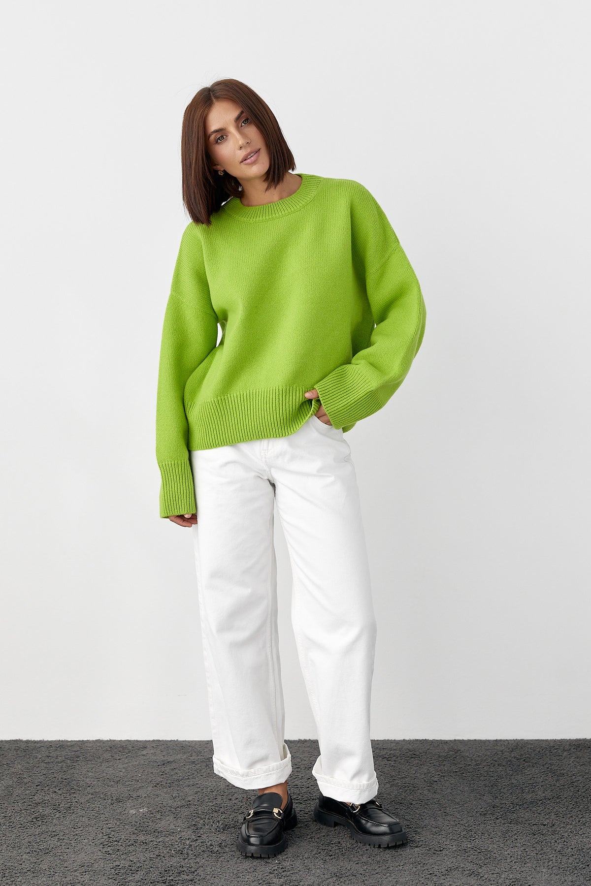 Cashmere Merino Wool Oversized Crewneck Sweater, Lime Green