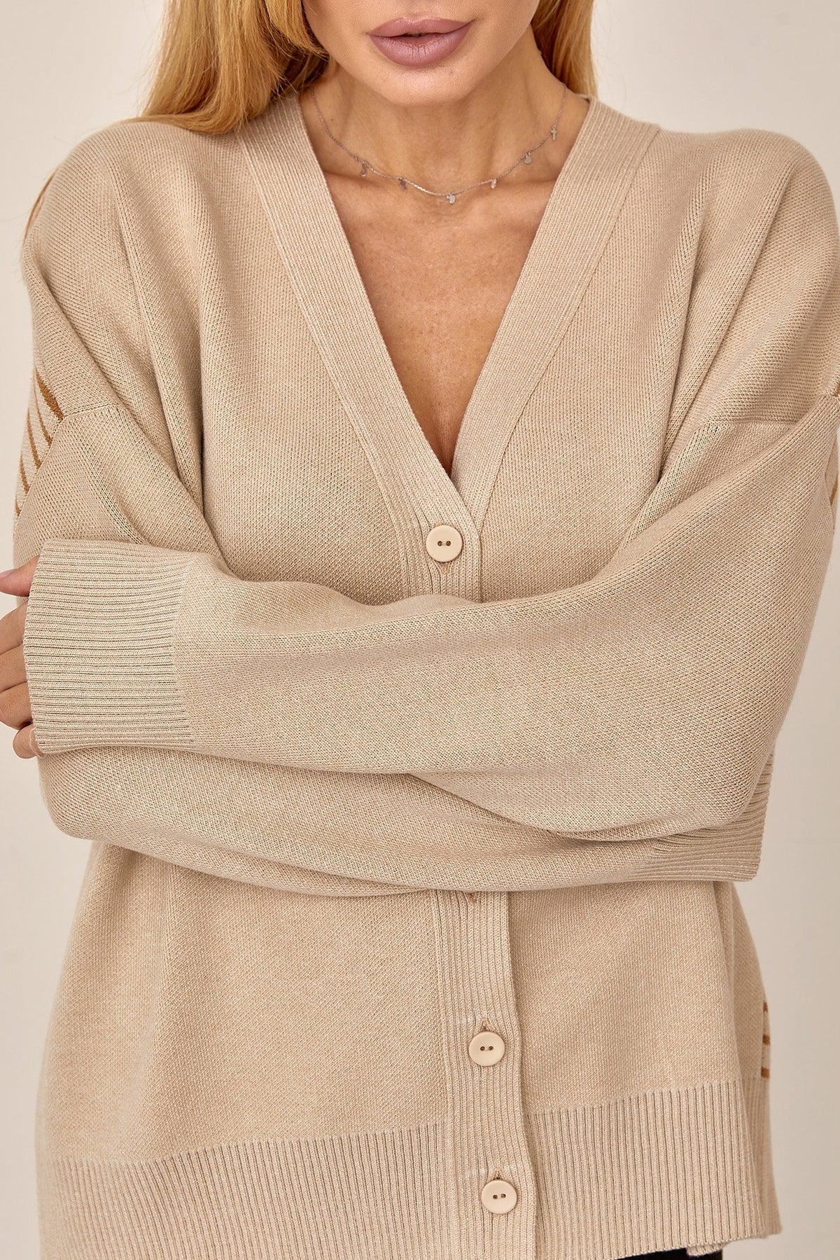 Modal Oversized V-Neck Button Cardigan with Striped Back Design, Beige