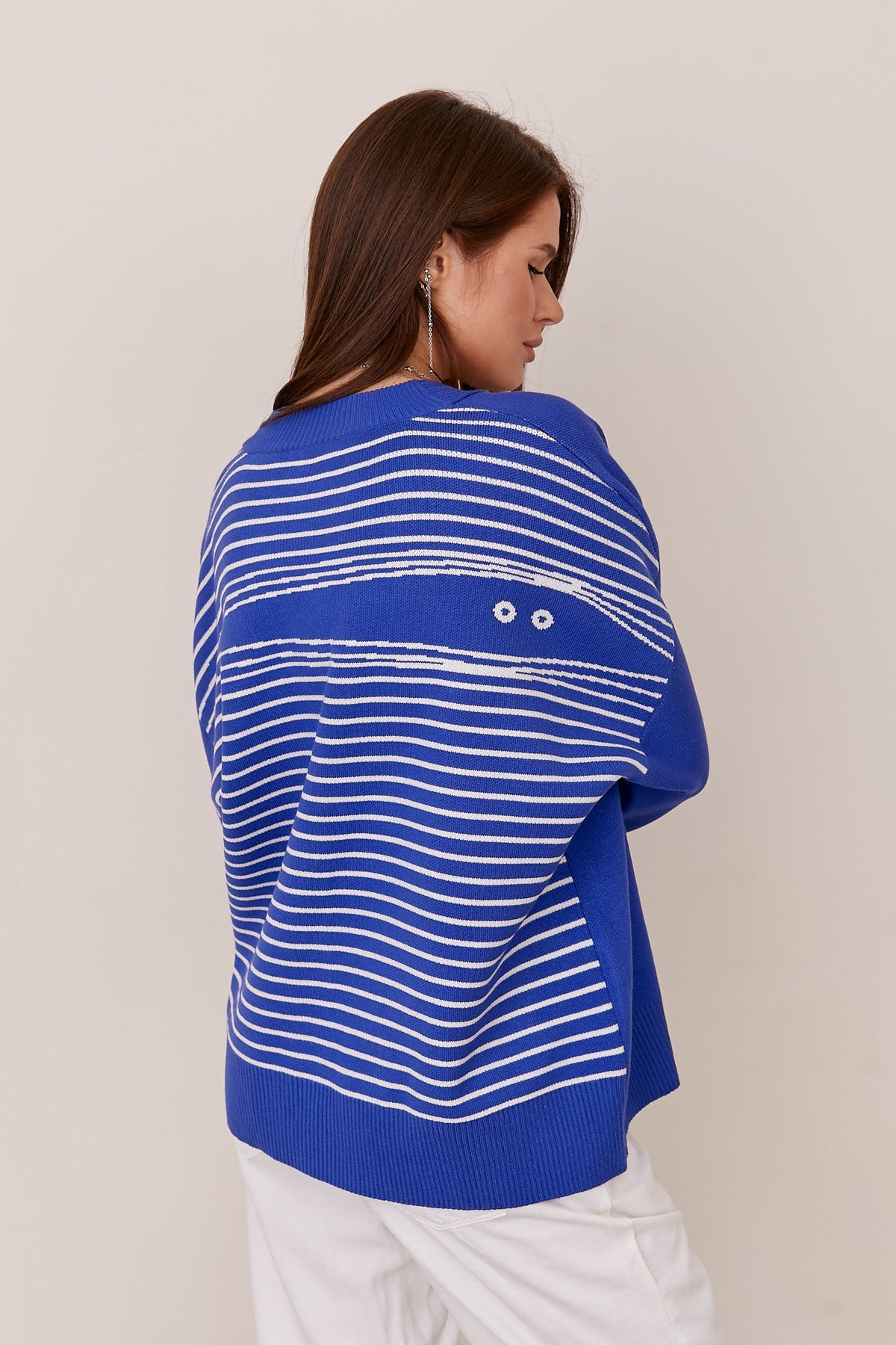 Modal Oversized V-Neck Button Cardigan with Striped Back Design, Royal Blue