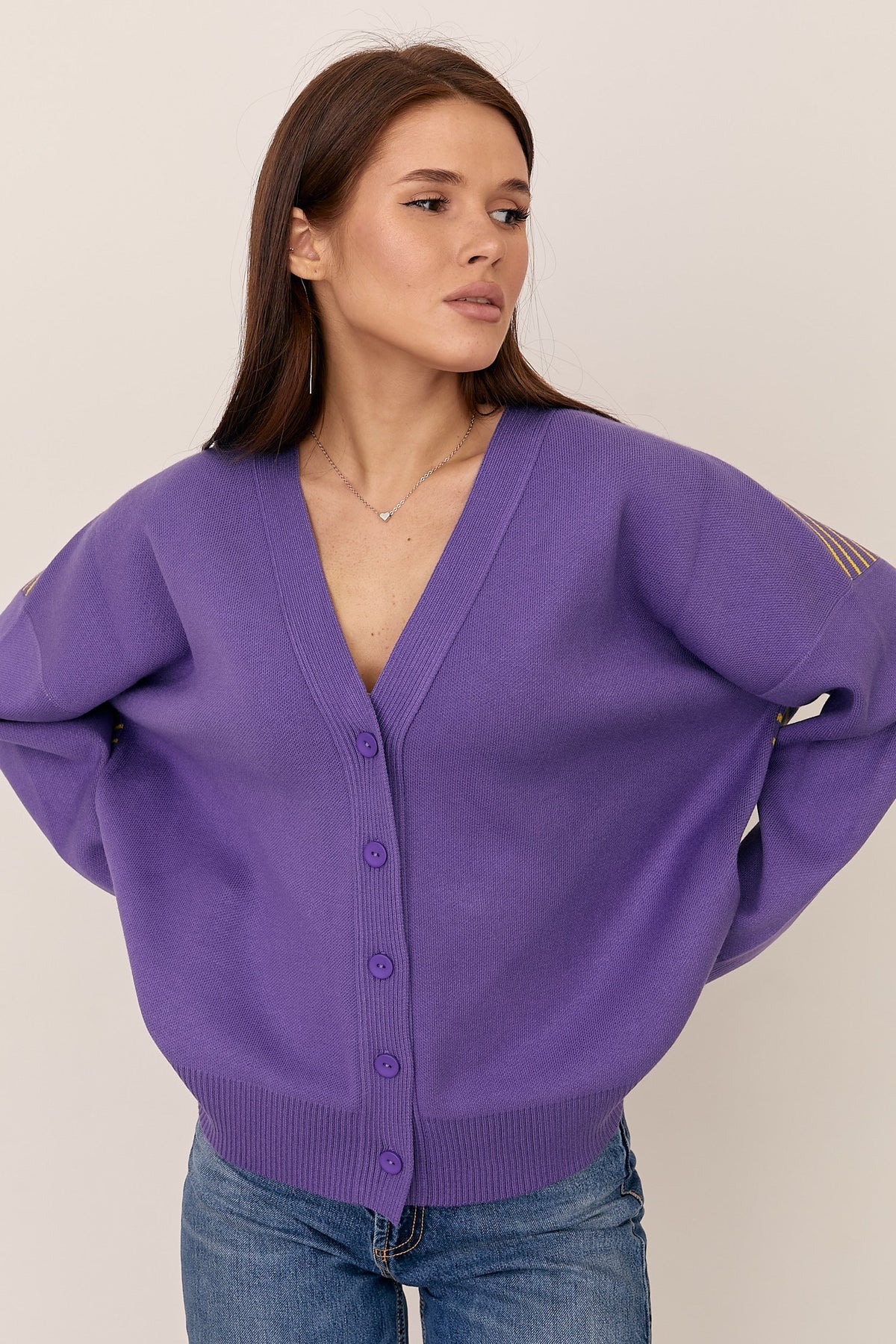 Modal Oversized V-Neck Button Cardigan with Striped Back Design, Violet