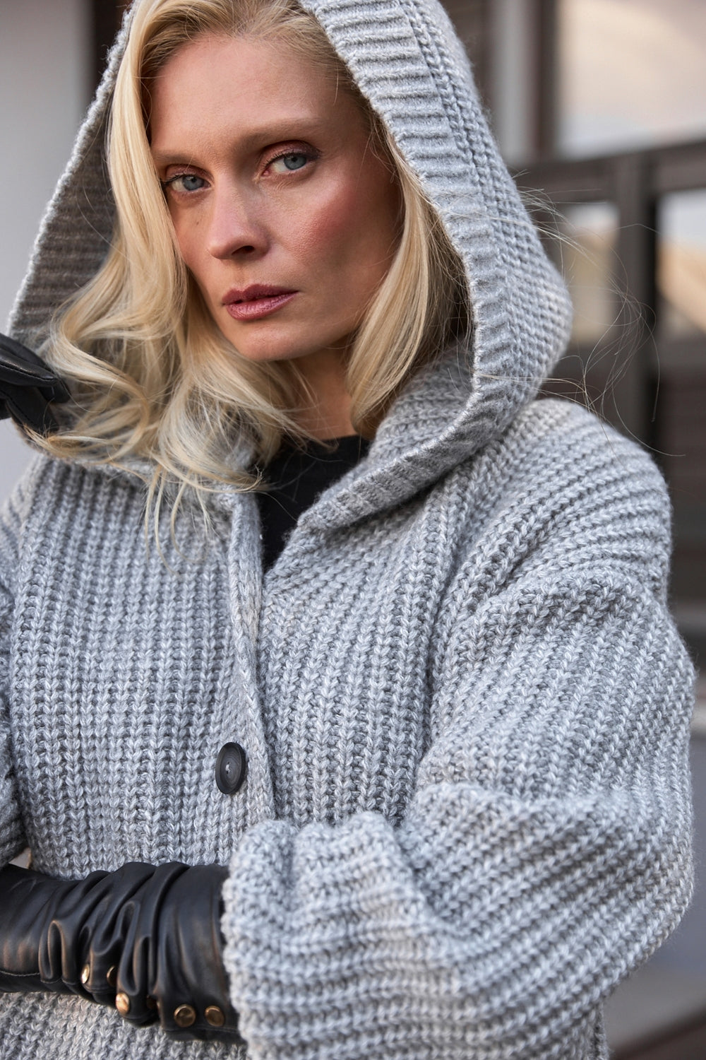 Merino Alpaca Knit Coat with Hood, Heather Gray
