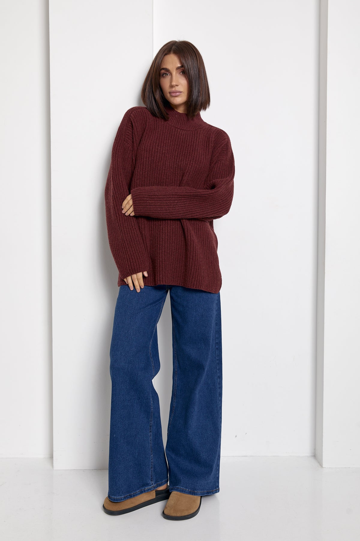100% Merino Wool Oversized Rib Knit Turtleneck Sweater, Burgundy Red