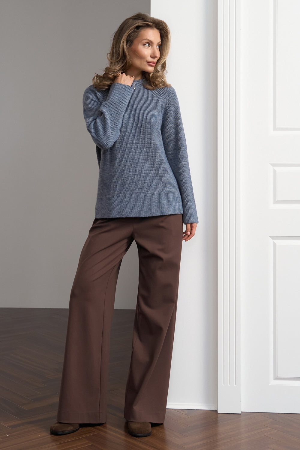 Wool Textured Knit Crew Neck Sweater with Side Slits, Denim Blue