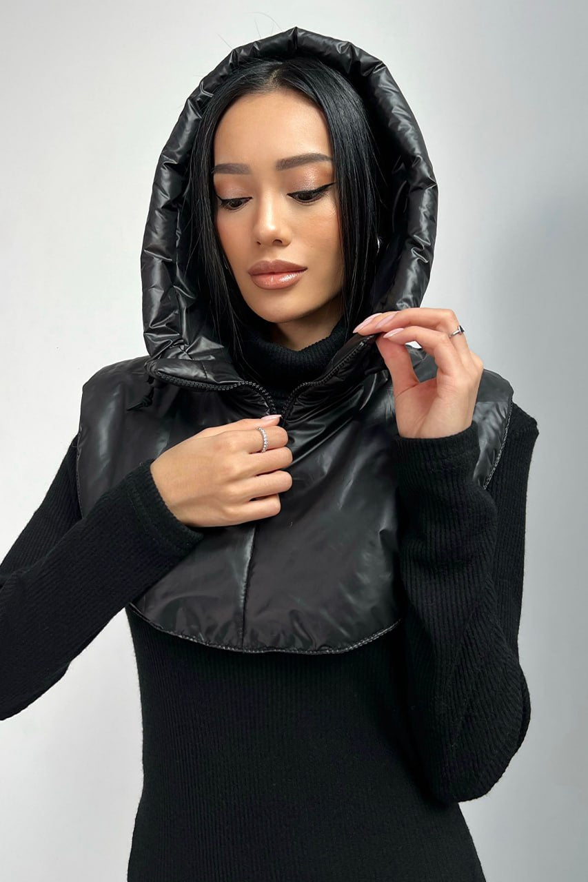 Waterproof Hooded Scarf With Zipper and Drawstring, Black