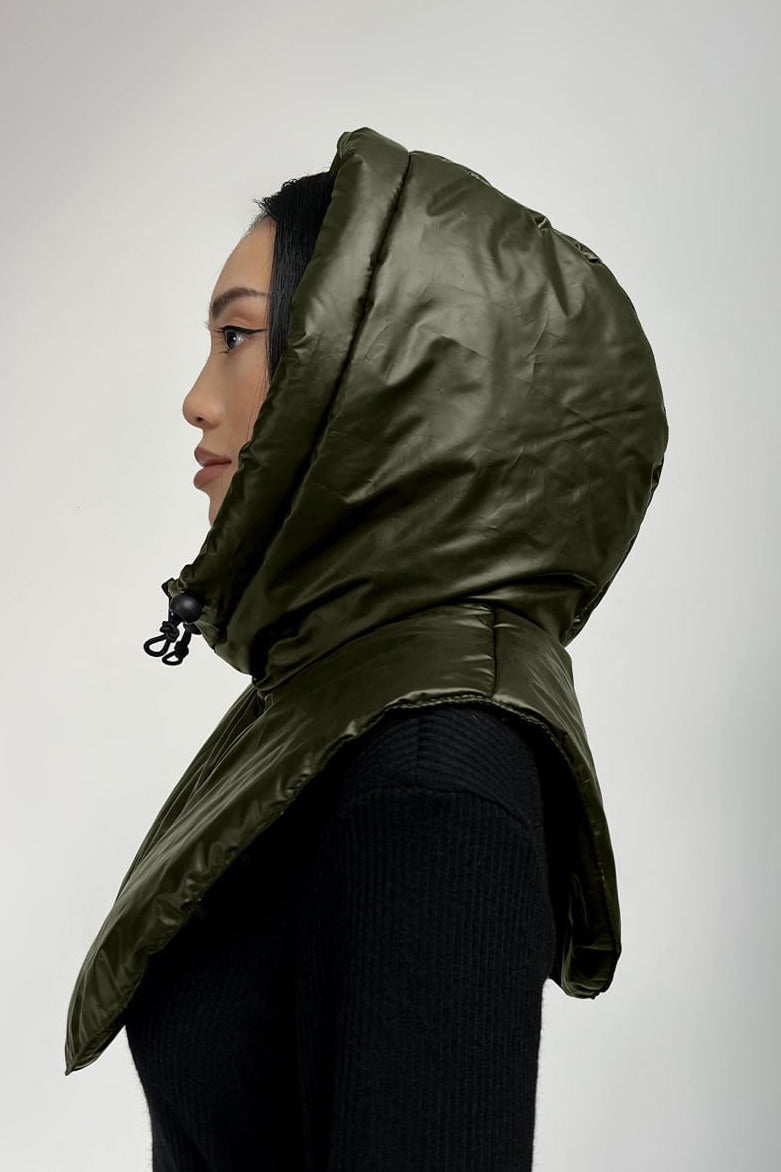 Waterproof Hooded Scarf With Zipper and Drawstring, Dark Olive