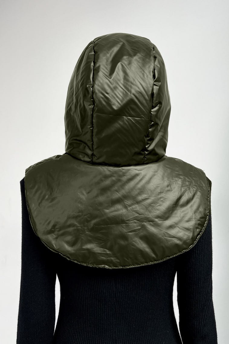 Waterproof Hooded Scarf With Zipper and Drawstring, Dark Olive
