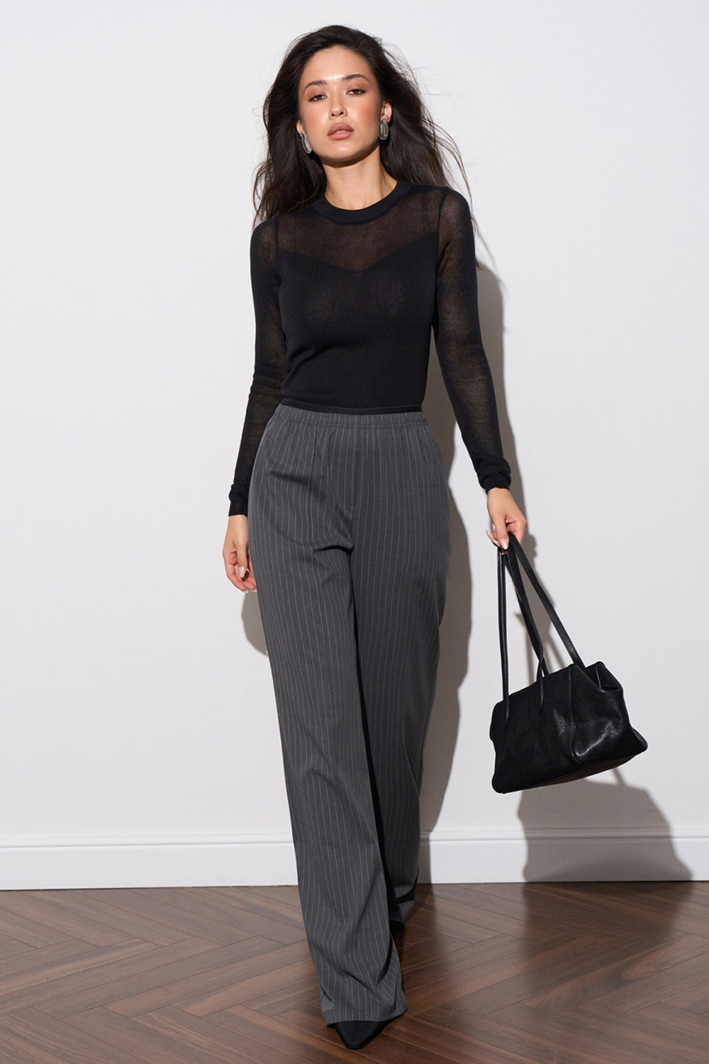 Pinstripe Straight Leg Pants with Elastic Waist
