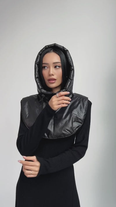 Waterproof Hooded Scarf With Zipper and Drawstring, Black