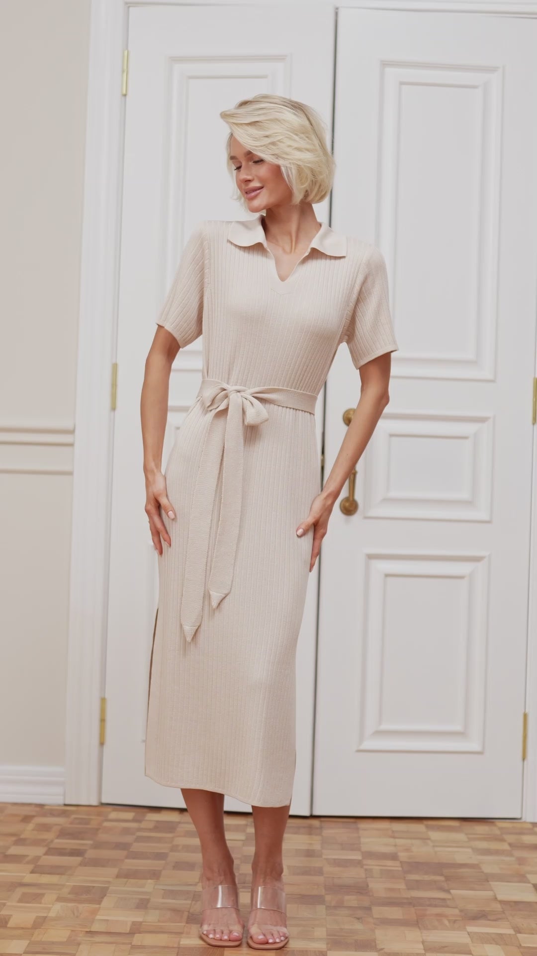 Ribbed Knit Midi Dress With Polo Collar | Lightweight Spring Dress