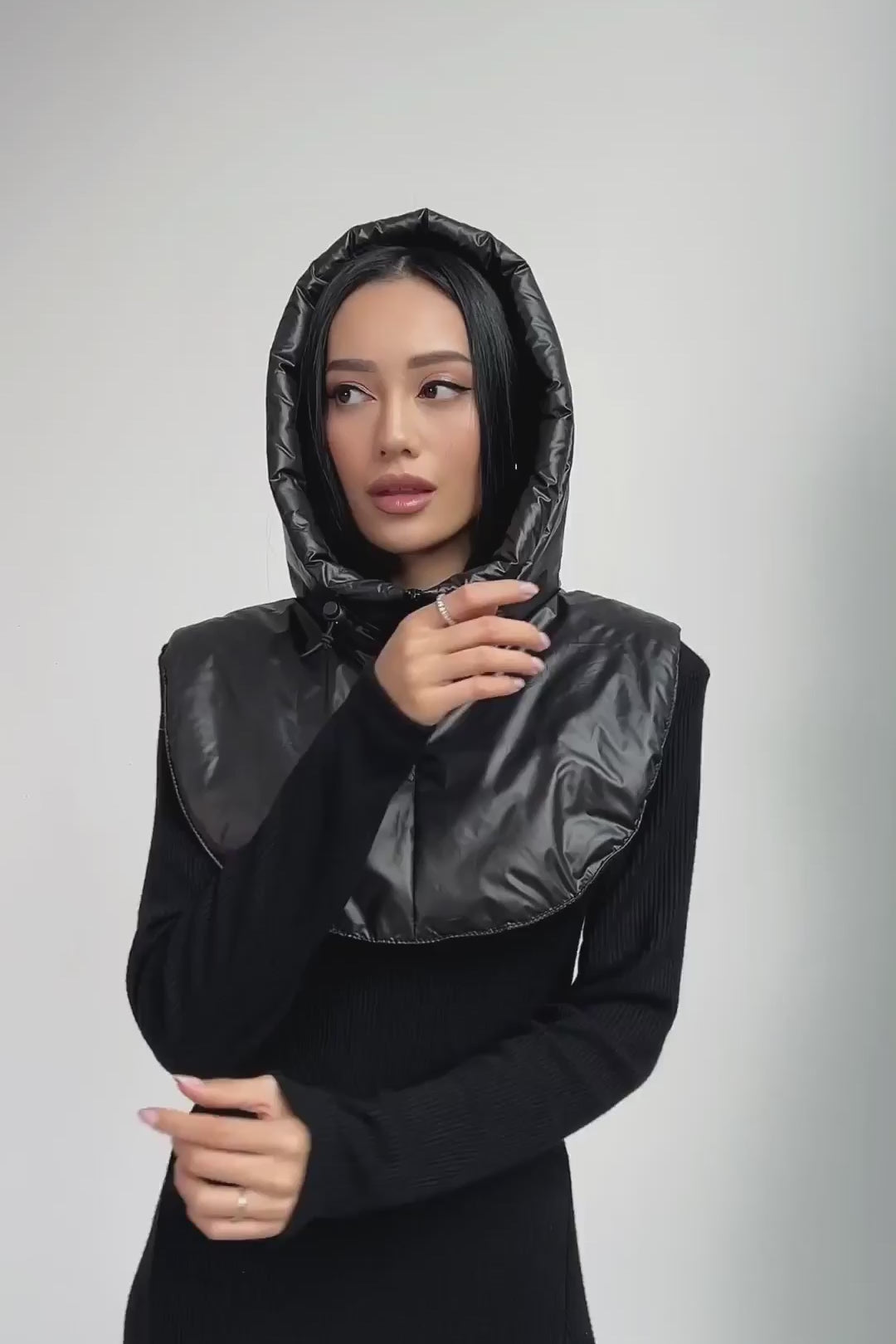 Waterproof Hooded Scarf With Zipper and Drawstring, Black