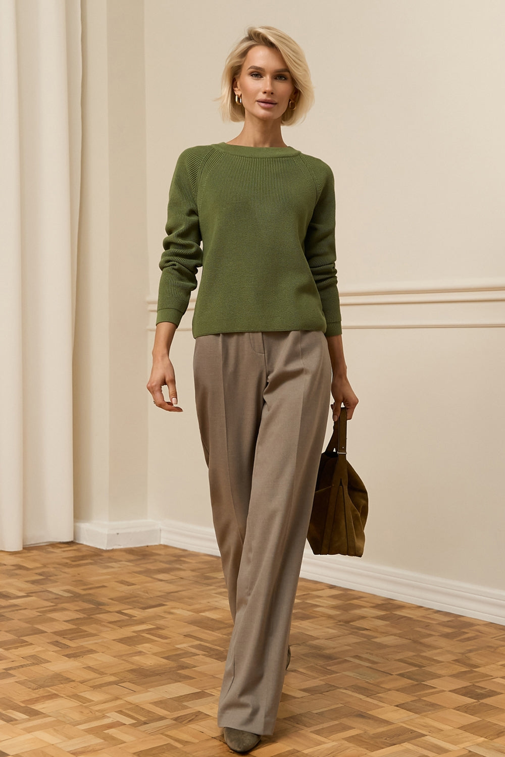 Raglan Sleeve Crew Neck Sweater, Dark Olive