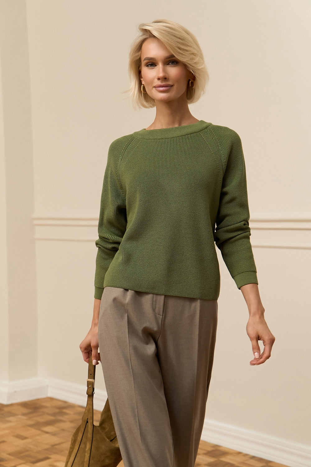 Raglan Sleeve Crew Neck Sweater, Dark Olive