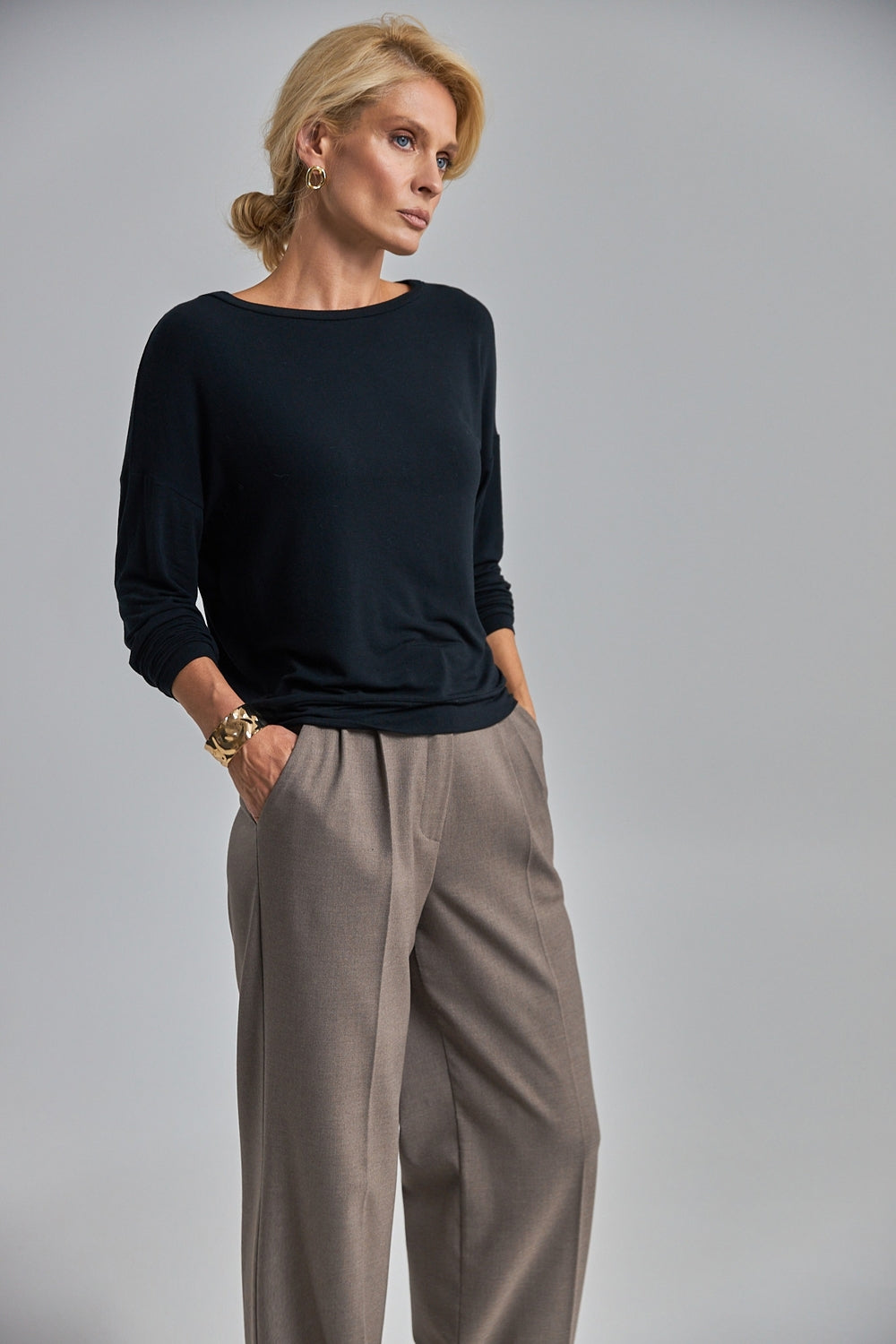 Long Sleeve Knit Crew Neck Top, Black