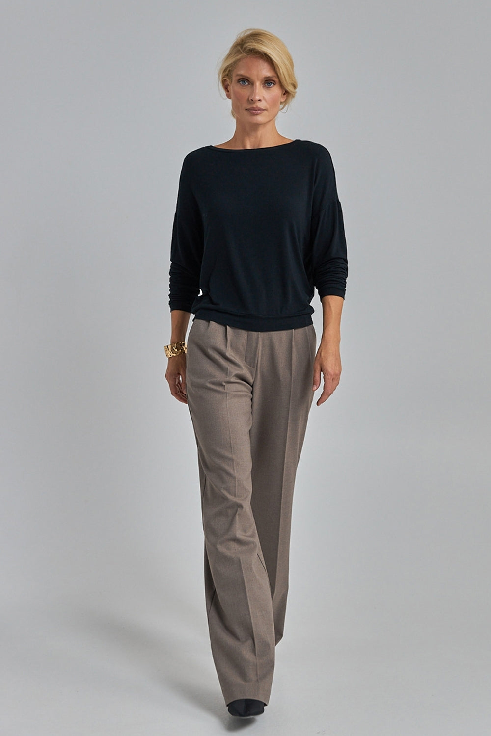 Long Sleeve Knit Crew Neck Top, Black