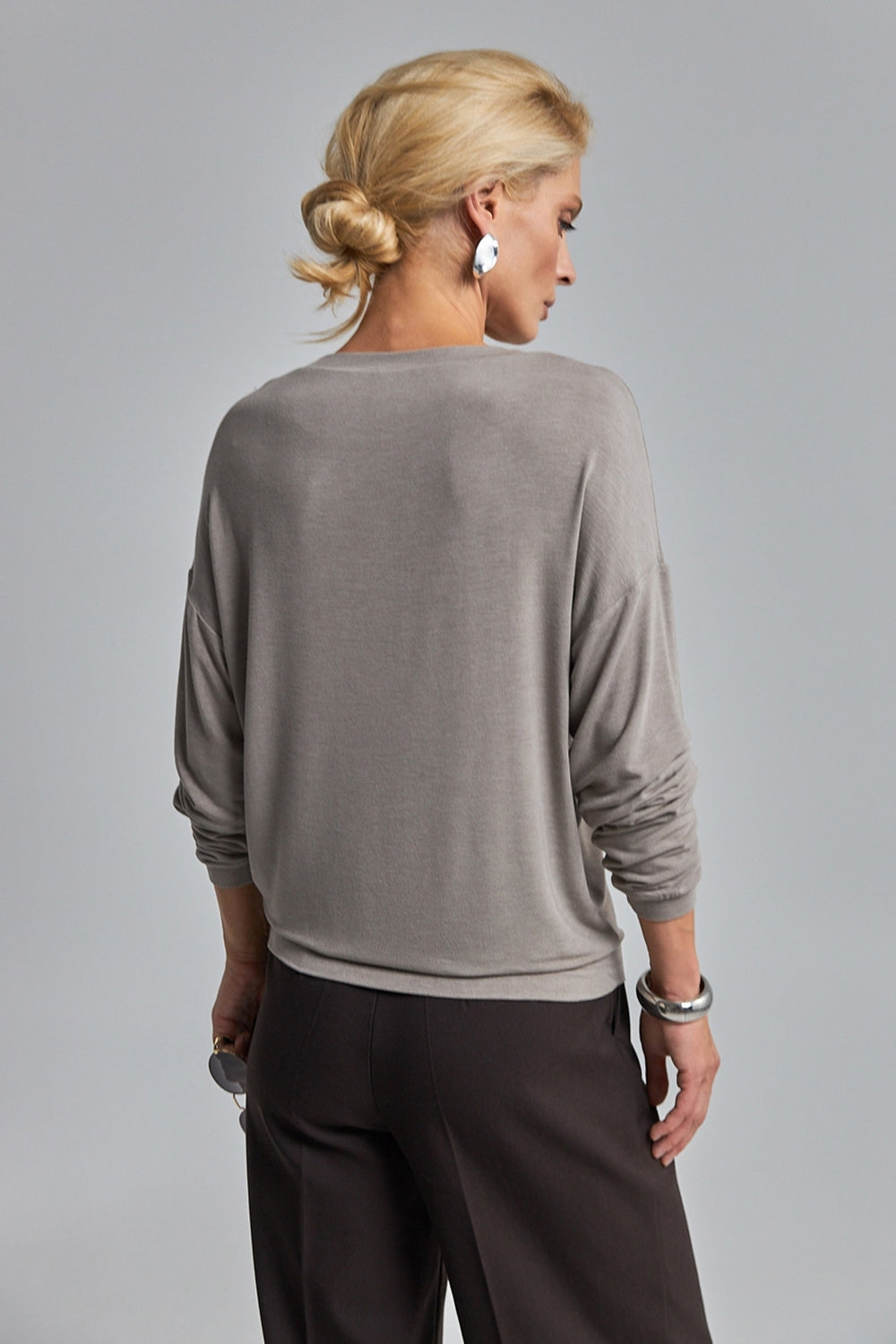 Long Sleeve Knit Crew Neck Top, Greige