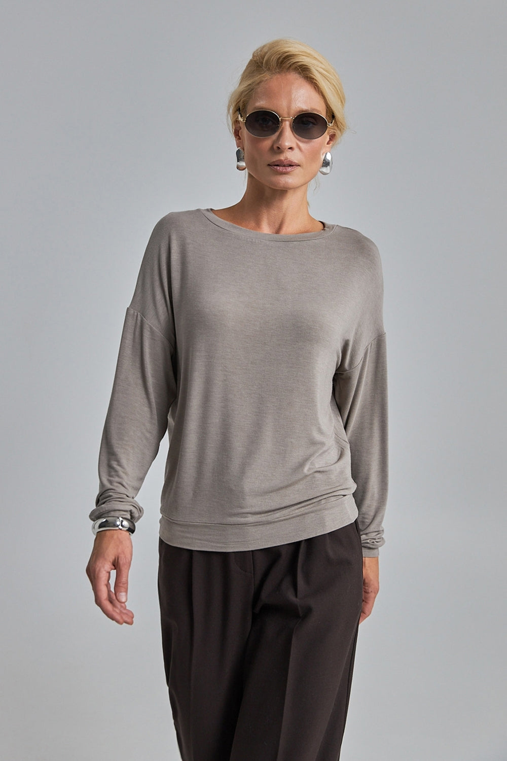 Long Sleeve Knit Crew Neck Top, Greige