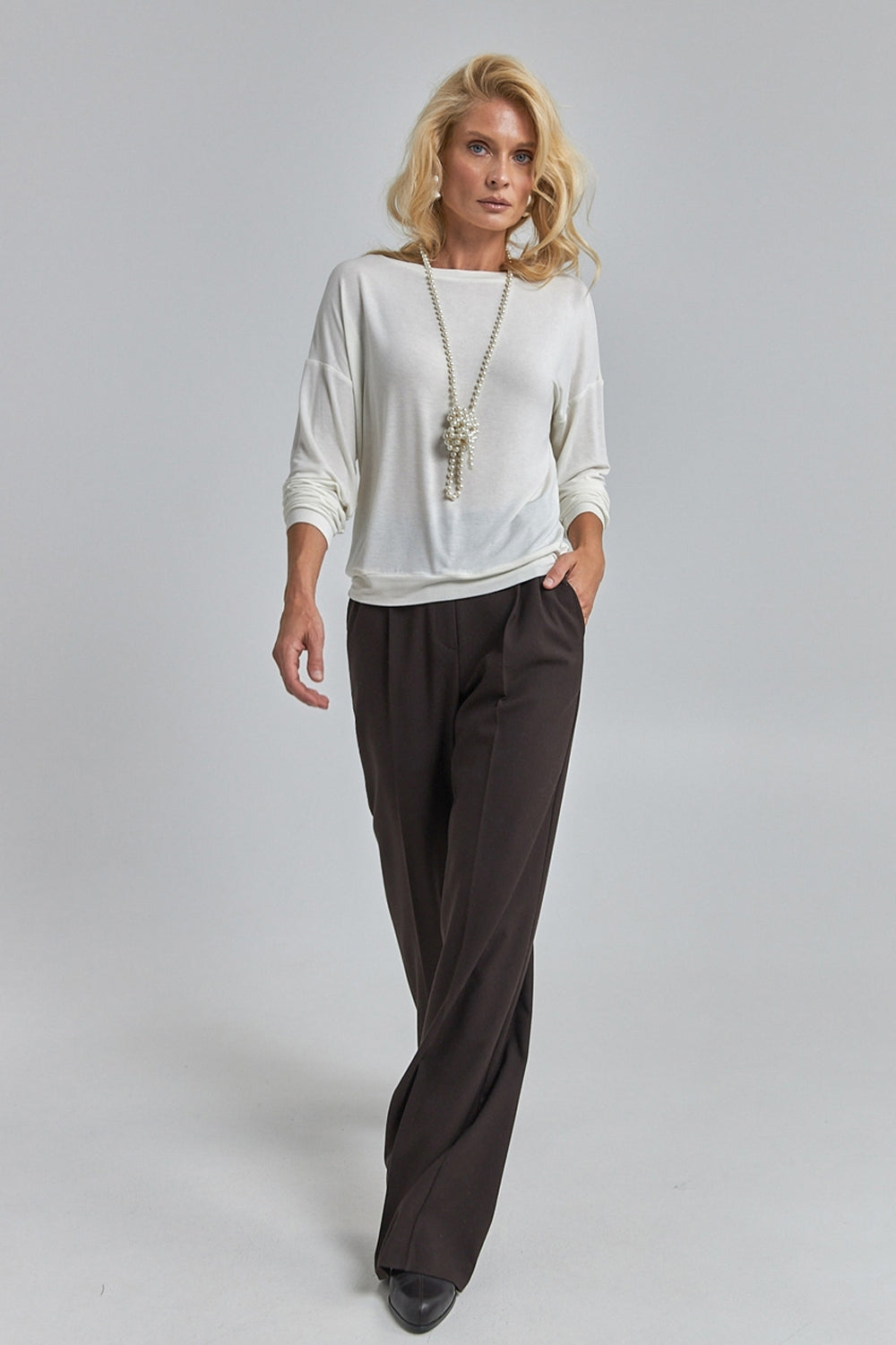 Long Sleeve Knit Crew Neck Top, Ivory