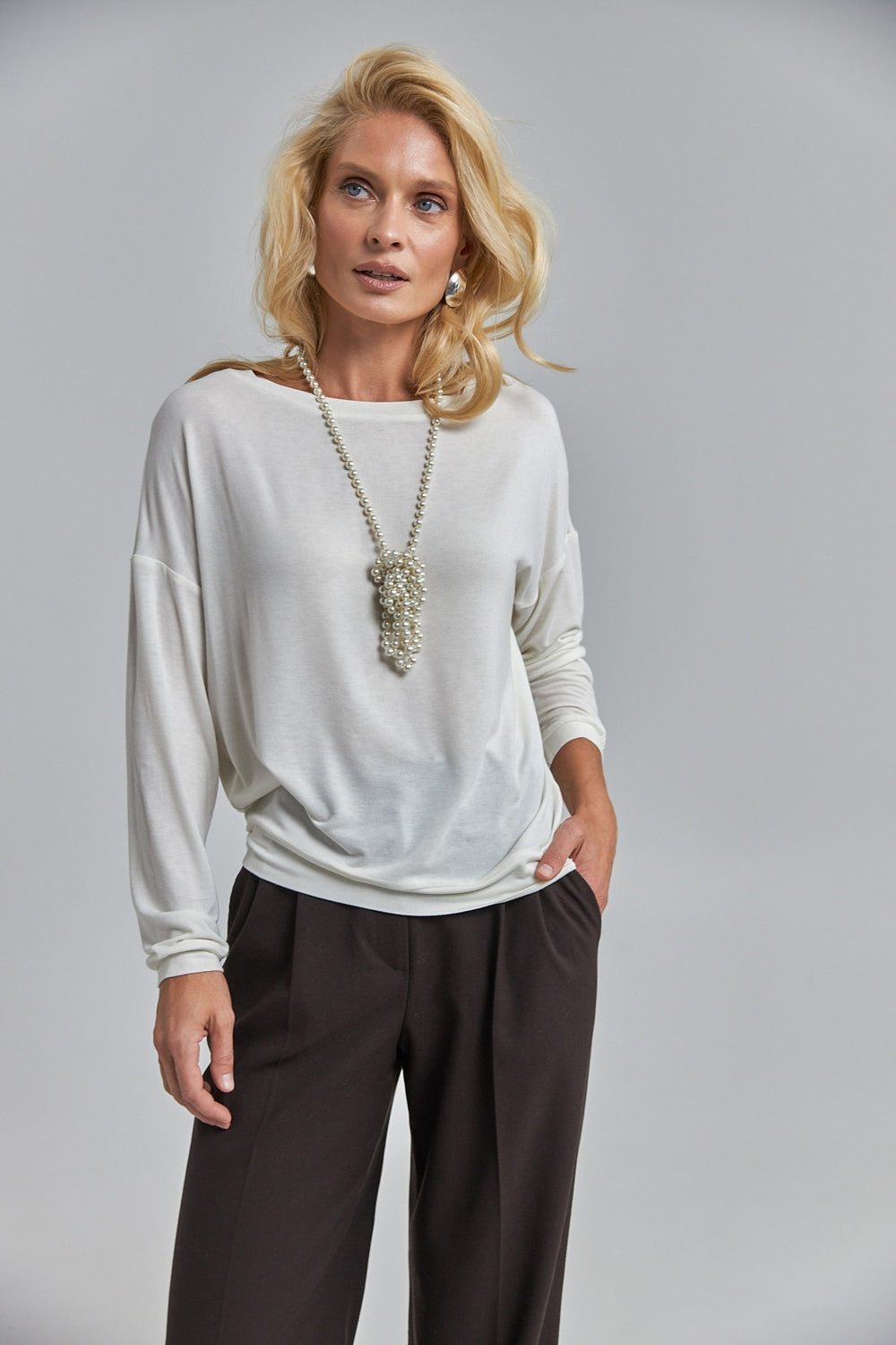 Long Sleeve Knit Crew Neck Top, Ivory