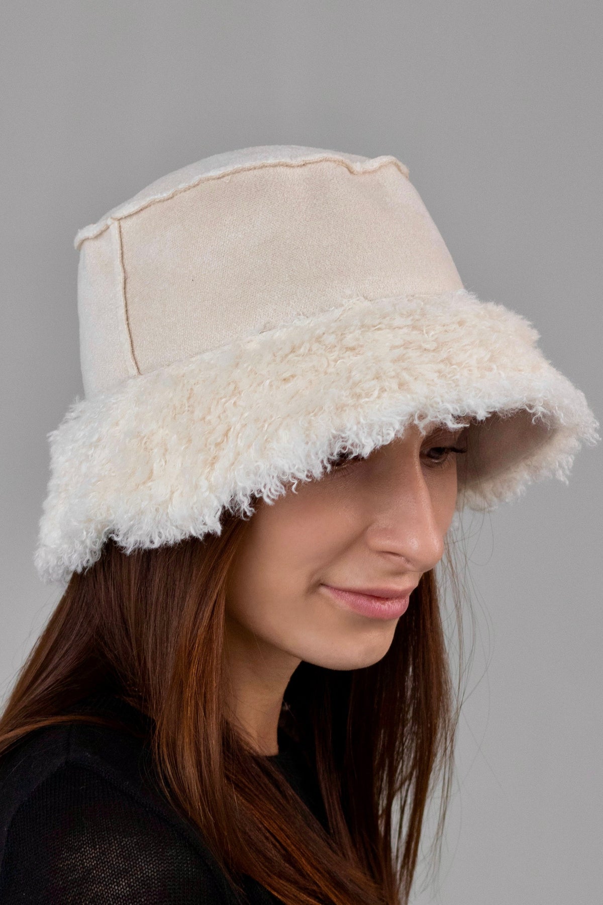 Reversible Faux Fur Winter Bucket Hat, Ivory
