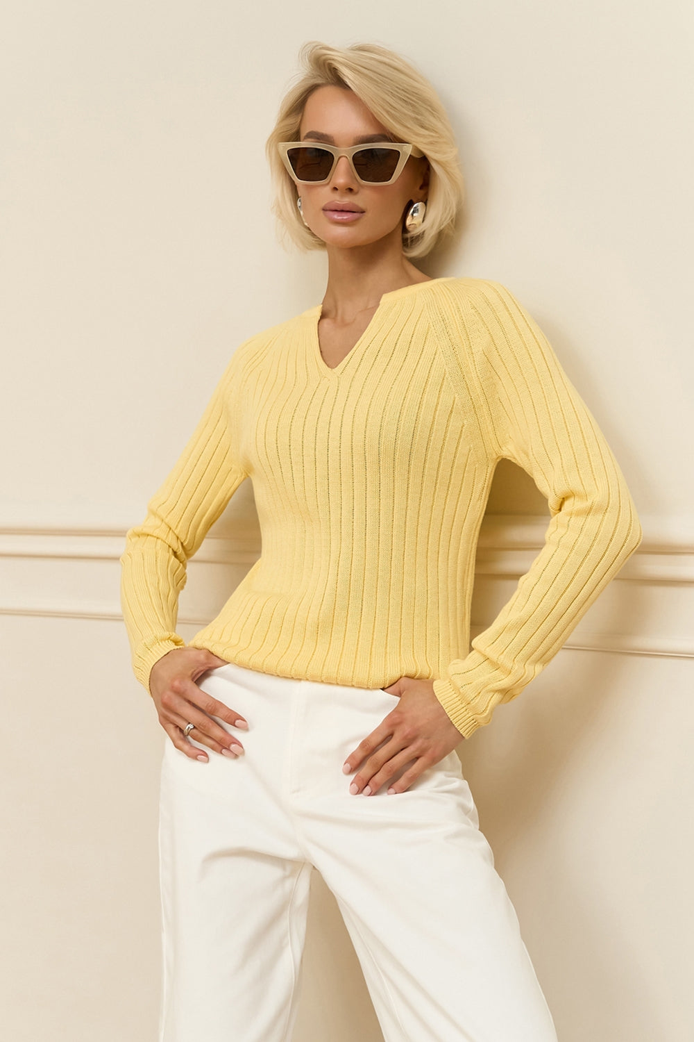 Women’s Ribbed Cotton V-Neck Sweater, Soft Yellow