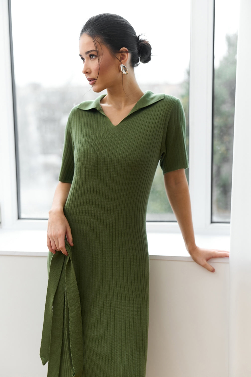Ribbed Knit Polo Collar Short Sleeve Midi Dress with Belt, Dark Olive