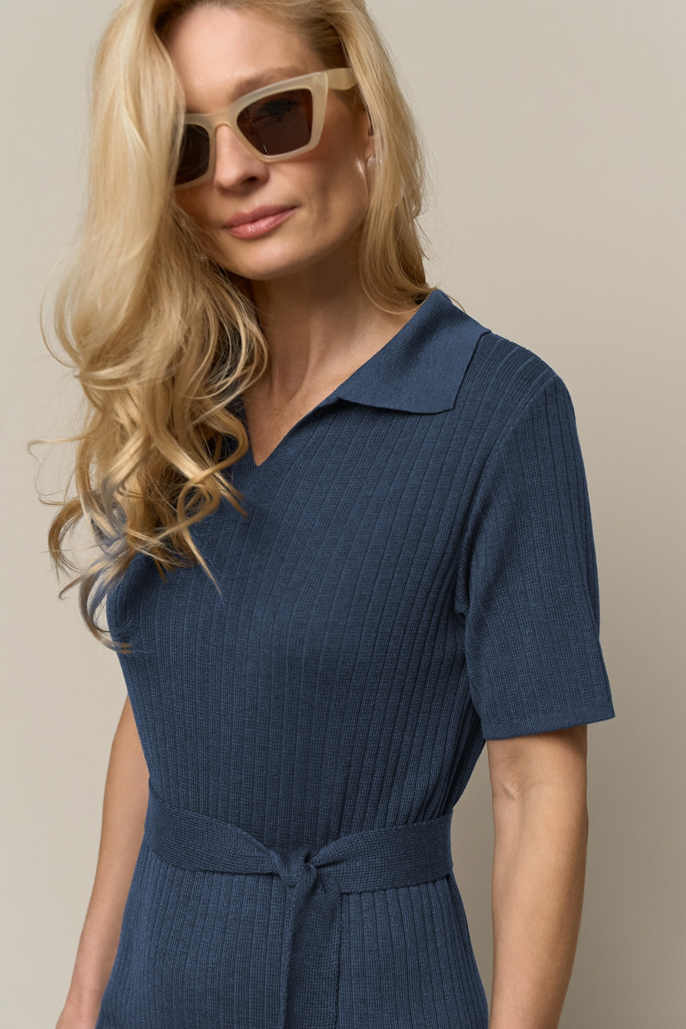Ribbed Knit Polo Collar Short Sleeve Midi Dress with Belt, Dusty Blue