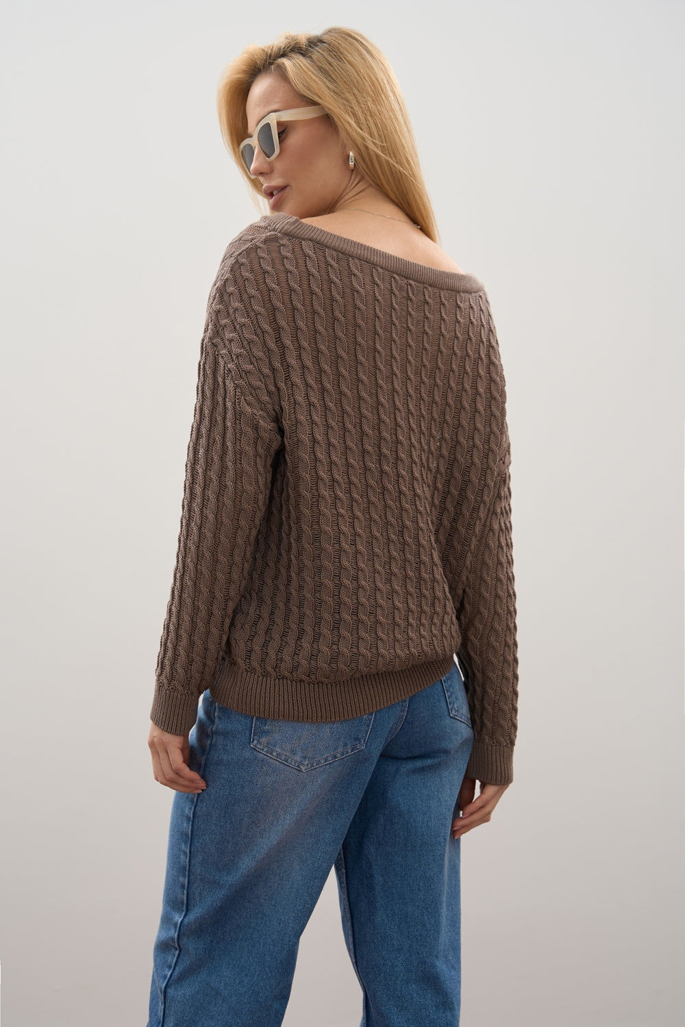 Semi-Sheer Cotton Cable Sweater, Mocha Taupe