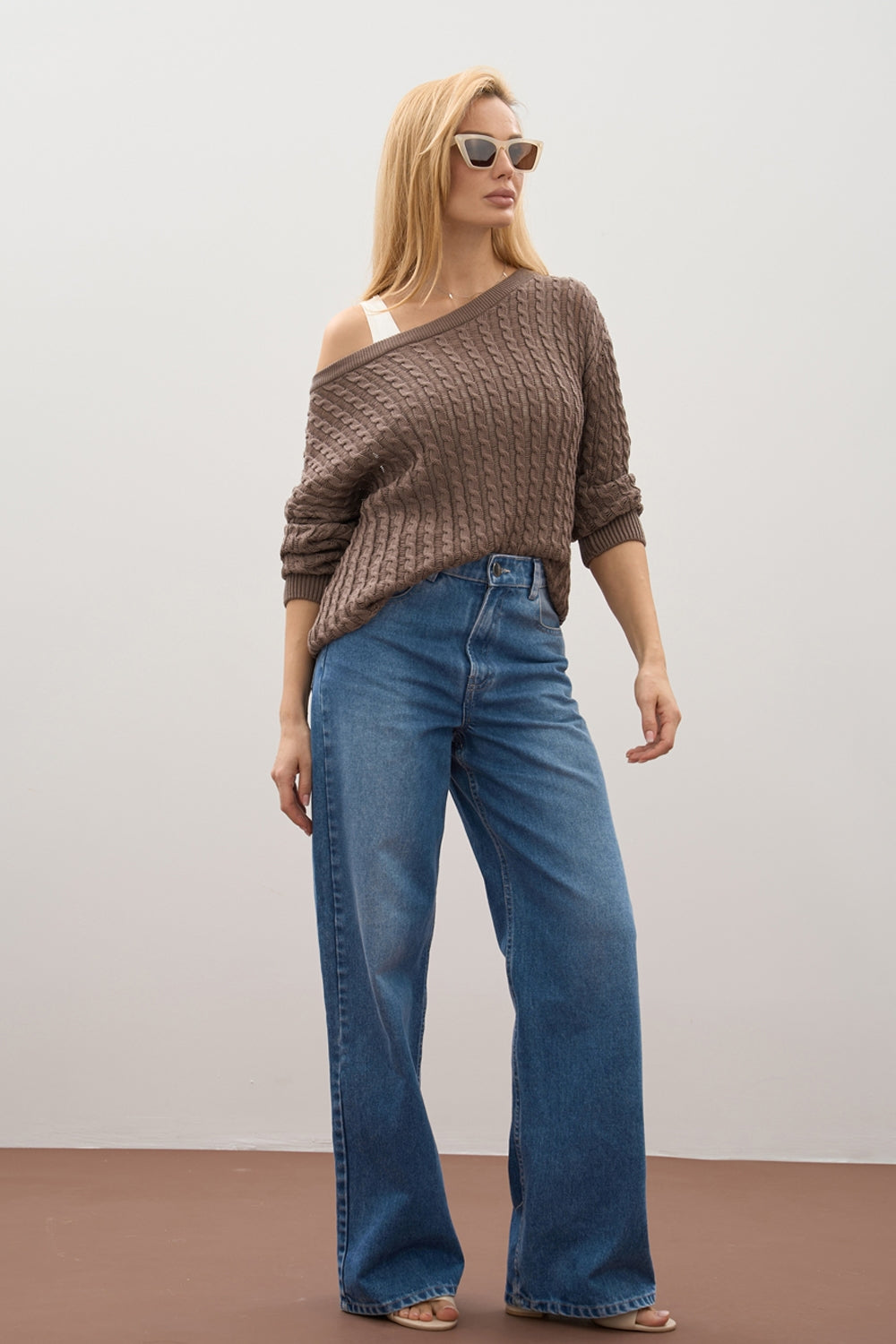 Semi-Sheer Cotton Cable Sweater, Mocha Taupe