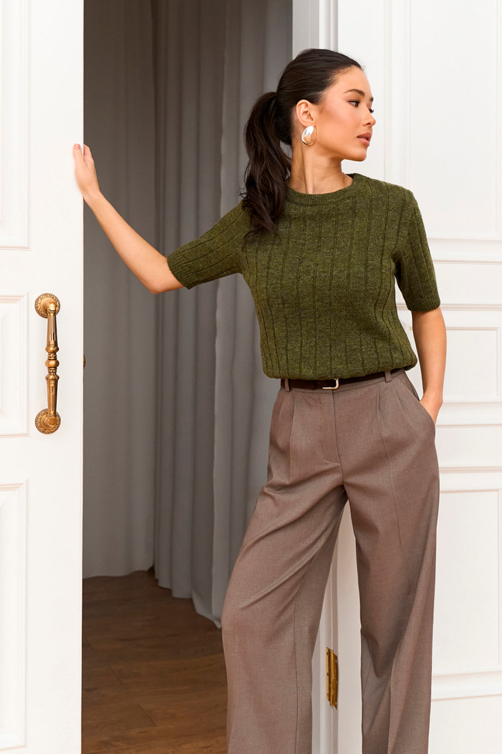 Short Sleeve Ribbed Knit Sweater with Alpaca and Merino, Dark Olive