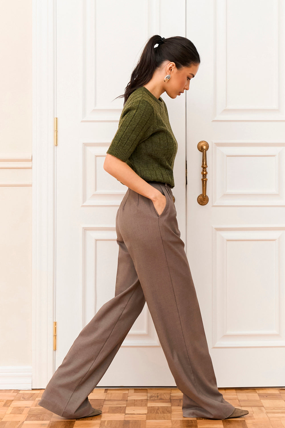 Short Sleeve Ribbed Knit Sweater with Alpaca and Merino, Dark Olive
