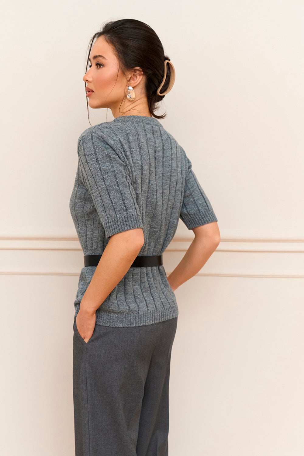 Short Sleeve Ribbed Knit Sweater with Alpaca and Merino, Gray