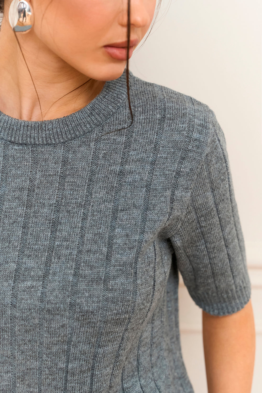 Short Sleeve Ribbed Knit Sweater with Alpaca and Merino, Gray