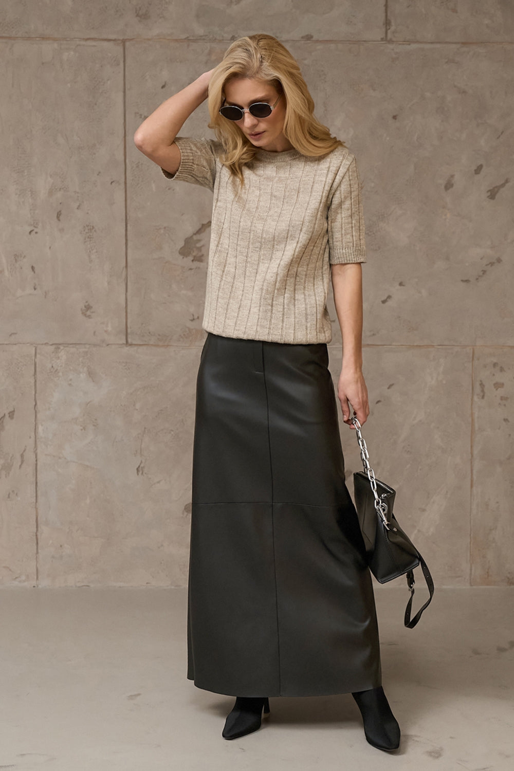 Short Sleeve Ribbed Knit Sweater with Alpaca and Merino, Linen Beige