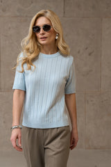 Short Sleeve Ribbed Knit Sweater with Alpaca and Merino, Sky Blue