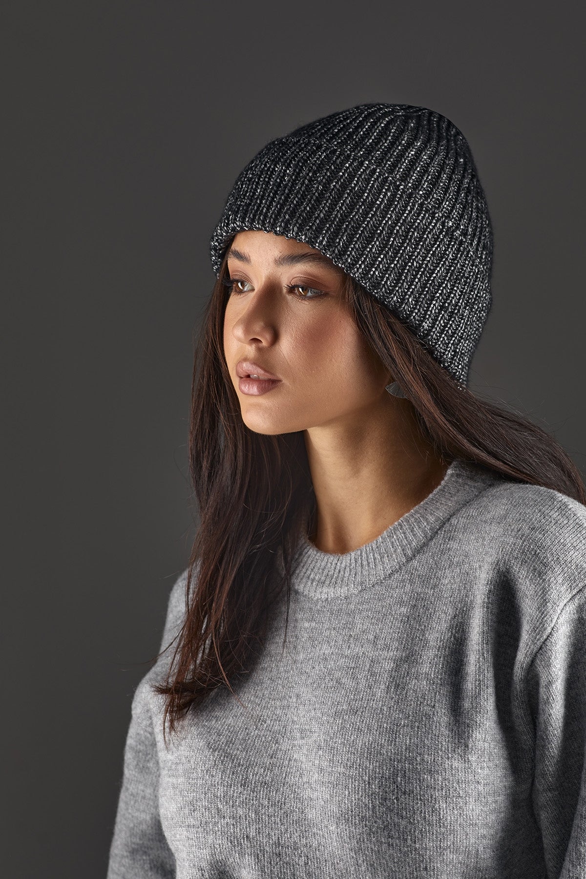 Black and silver metallic knit beanie with folded cuff