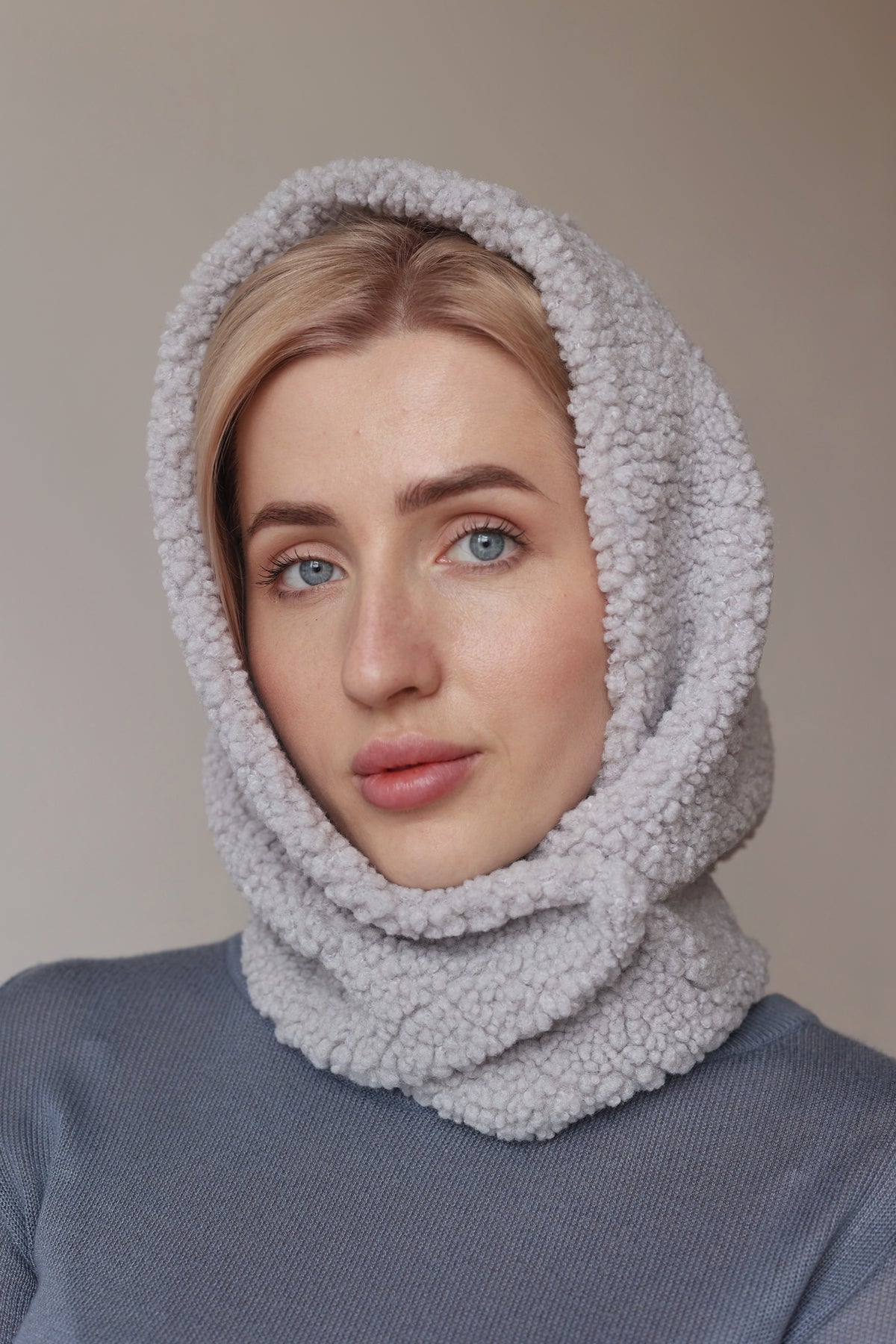 Teddy Plush Hooded Scarf With Invisible Button Closure, Light Gray