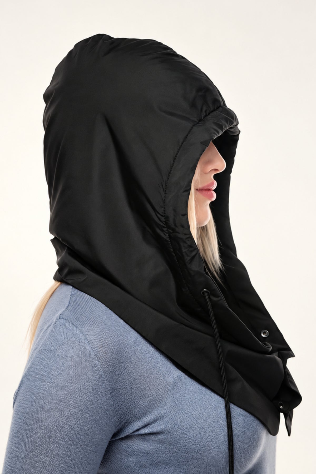 Black satin-lined hooded scarf showing full head and neck coverage